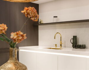 Quooker Fusion Gold Round met bijpassende zeeppomp en Lanesto spoelbak goud