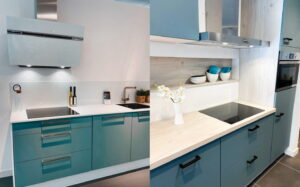 Witte & RVS design wandafzuigkap Indesit in een groene en blauwe keuken
