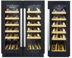 Candy wijnkoelers – links: Inbouw Candy wijnkoelkast 2 deuren = 2 temperatuurzones – rechts: Candy wijnkoelkast inbouw 1 temperatuurzone