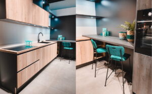 L-keuken met bureau als werkplek thuis, Häcker hout met betonlook keuken