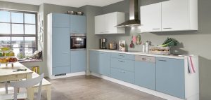 Grijsblauwe keuken – Nobilia rechte moderne keuken in grijs blauw + wit