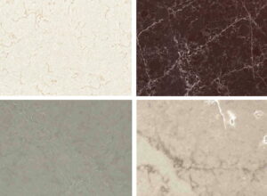 Composiet keukenblad marmerlook kleuren Evora Qstone Mizu Wave, Sakura, Kyoto Mist en Pale Drift