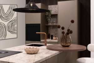 Metallic bruine design keuken met kookeiland, houten ronde bar en natuursteen marmerlook werkblad
