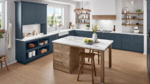 Fjord blauwe keuken met werkeiland, met bar en een wit marmerlook aanrechtblad Fjord blauwe keuken met werkeiland, met bar en een wit marmerlook aanrechtblad