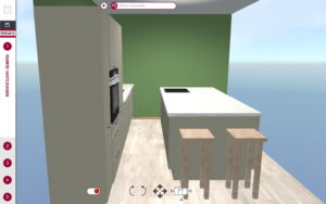 3D Keuken ontwerp, zijaanzicht met barstoelen, I-KOOK keukenplanner