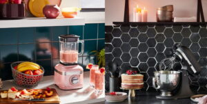 Moderne keukens met een roze KitchenAid blender en een mat zwarte KitchenAid keukenmachine