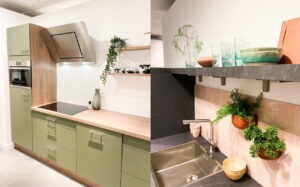 Moderne groene keuken & roze tegelachterwand, I-KOOK keuken