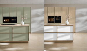 Japandi keukenvloer - licht houten planken bamboe in de Scandi Japandi keuken Sakura in wit en groen Japandi keukenvloer - licht houten planken bamboe in de Scandi Japandi keuken Sakura in wit en groen