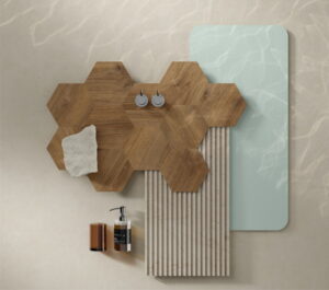 Keukenvloer kleurentrend: geometrische vloer patronen met hout- en steenlook tegels in hexagon en strepen - Moduleo Moods 100% recyclebaar PVC Keukenvloer kleurentrend: geometrische vloer patronen met hout- en steenlook tegels in hexagon en strepen - Moduleo Moods 100% recyclebaar PVC