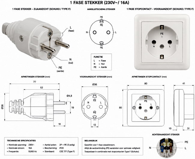 Normale 1 fase stekker inductie kookplaat + stopcontact en aansluitschema Normale 1 fase stekker inductie kookplaat + stopcontact en aansluitschema
