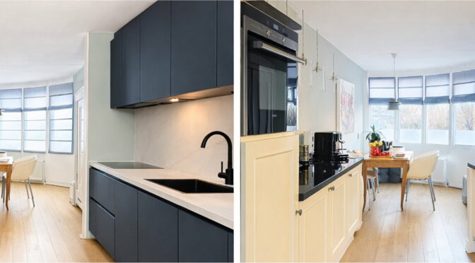 Moderne keuken, blauwe keuken, parallel keuken in tv programma De Grote Tuinverbouwing