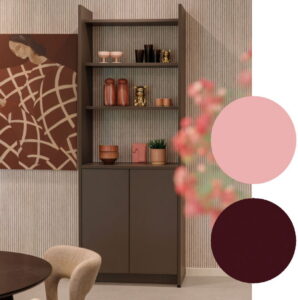 2027 Keuken kleuren trend: matte coffee bruine keuken-wandkast met Merlot en Dusty Pink accessoires tinten 2027 Keuken kleuren trend: matte coffee bruine keuken-wandkast met Merlot en Dusty Pink accessoires tinten