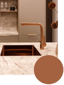 Keuken kleuren trend 2027: Metallic bruine fronten, Dutch Boy gebrand oranje Deep Rooted Kleur van het Jaar 2027 en Lanesto koperen kraan en spoelbak Keuken kleuren trend 2027: Metallic bruine fronten, Dutch Boy gebrand oranje Deep Rooted Kleur van het Jaar 2027 en Lanesto koperen kraan en spoelbak