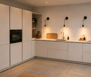 Neutrale keukenkleur 2027: Zand structuur - warme greeploze zandkleurige L-keuken met een koffienis Neutrale keukenkleur 2027: Zand structuur - warme greeploze zandkleurige L-keuken met een koffienis